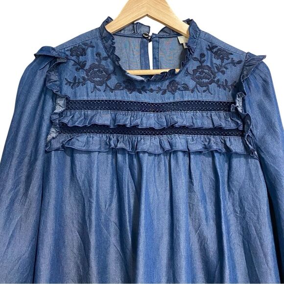 Kate Spade Chambray Embroidered Balloon Sleeve Top Size Medium - Picture 3 of 10